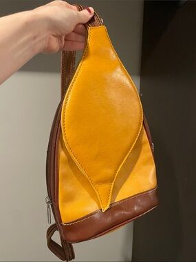 Yellow Leather Sling Backpack with Brown Trim